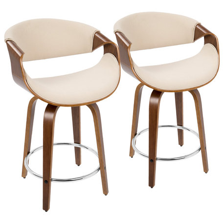 Curvini 24'' Counter Stool, Set of 2, Walnut Wood/Cream Fabric