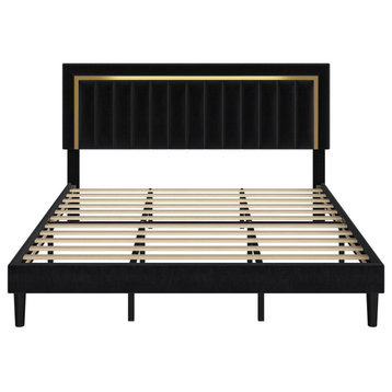 Elegant Bed Frame, Channeled Velvet Headboard & Strip Gold Accent, Black, King