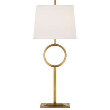 Simone Buffet Lamp, 1-Light Hand-Rubbed  Brass, Linen Rectangle Shade, 33"H
