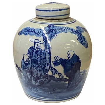 Chinese Oriental Small Blue White 3 Stars God Porcelain Ginger Jar Hws1871