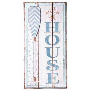 Wood Wall Art with "The Beach House" Design Distressed White Finish