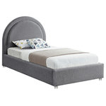 Meridian Furniture - Milo Velvet Upholstered Bed, Gray, Twin - Get ready for compliments when you add this Milo boucle fabric bed to your space. It's upholstered head to foot in rich grey boucle fabric, so it's soft to the touch and regal to the eye. The star of the show is the bed's rounded headboard, which stretches out tall above you for a look that oozes regality and sophisticated charm. Acrylic legs give the bed a somewhat modern finish.
