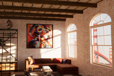 Living room - industrial open concept medium tone wood floor, exposed beam and brick wall living room idea in Orange County with a media wall