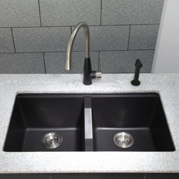 Kraus 33 inch Undermount 50/50 Double Bowl Black Onyx Granite Kitchen Sink - Kitchen Sinks