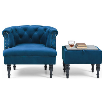 Set of Upholstered Velvet Accent Chair and Storage Ottoman, Blue