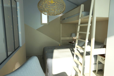 Idées déco pour une chambre d'amis moderne de taille moyenne avec un mur beige et un sol en vinyl.