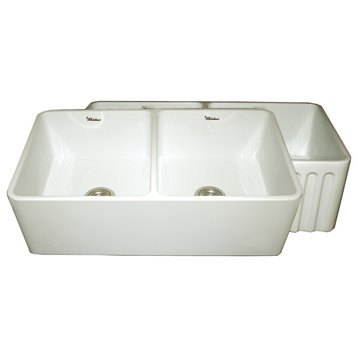 Fireclay Reversible Double Bowl Kitchen Sink, Smooth Front Apron on One Side
