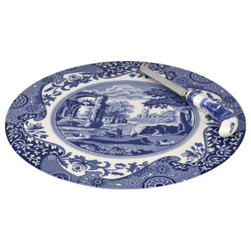 Spode Blue Italian 2 Piece Cheese Plate with Knife