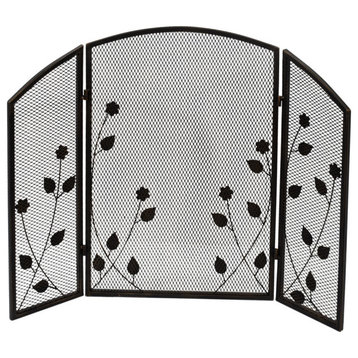 Jenna Modern Iron Fire Screen With Leaf Accents, Black Gold Finish