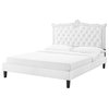 Platform Bed Frame, Nailhead, Queen Size, White, Velvet, Modern, Guest Suite