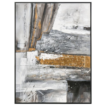 Framed Gray and Gold Abstract Line Painting on Canvas for Contemporary Modern