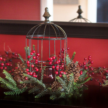 Holiday Birdhouse Style Candelabrum Mixed with Berries and Pine Cones