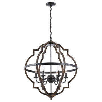 25 in 6-Light Ceiling Light in Distressed Black and Brushed Wood Finish