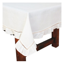 Xia Home Fashions - Hemstitch/Ruffle Trim White and Natural Hemstitch Tablecloth - Tablecloths