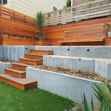 Raised Travertine Patio, Cement Walls with Redwood Appointments