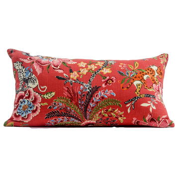 Red Chinoiserie Pillow Cover, Tropical Floral Red Pillow Cover, 12x20