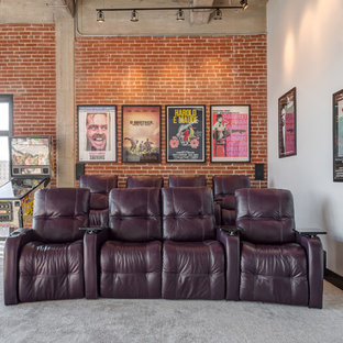 Inspiration for a timeless open concept carpeted and gray floor home theater remodel in St Louis with white walls