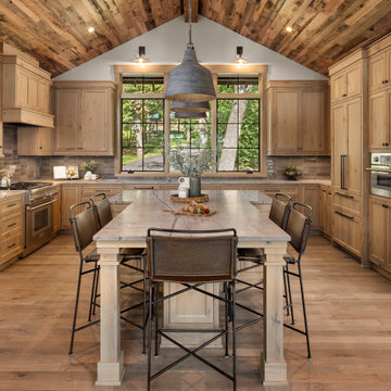 Antique Skim Oak Ceiling Paneling in a Rustic Moder Farmhouse Kitchen