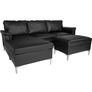 Plush Pillow Back Sectional, Left Side Facing Chaise, Ottoman Set, Black Leather