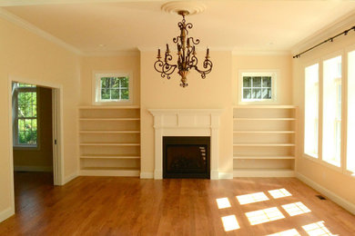 Example of a transitional living room design in Boston