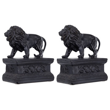 Benzara 2-Piece Set Bookends, Lion Statuette Figurines, Glossy Black Resin