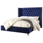 Meridian Furniture - Ames Velvet Bed, Navy, King - Elegant and eye-catching, the stunning Aiden Bed from Meridian Furniture is the perfect addition to any bedroom. Rich velvet covers the deep tufted design. A beautiful wing bed design is complimented by hand applied chrome nail head details. Strength and beauty is guaranteed with a solid wood frame and stainless steel legs.