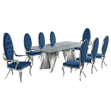 Mixed 9pc Dining Set with Navy Velvet Side Chairs and Arm Chairs