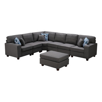 Casanova Dark Gray Linen 7-Piece Modular Sectional Sofa and Ottoman