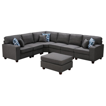 Casanova Dark Gray Linen 7-Piece Modular Sectional Sofa and Ottoman