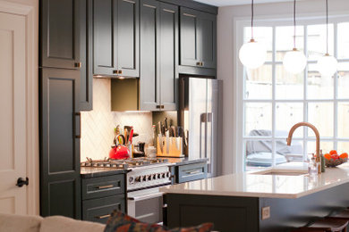 Transitional kitchen photo in Philadelphia with shaker cabinets, green cabinets, soapstone countertops, stainless steel appliances and an island
