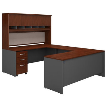 Pemberly Row 72"W U-Shaped Desk with Hutch and Storage in Hansen Cherry