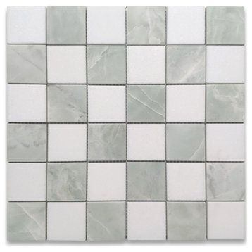 Thassos White Green Jade Marble 2x2 Checkerboard Mosaic Tile Honed, 1 sheet