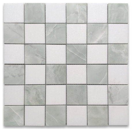 Thassos White Green Jade Marble 2x2 Checkerboard Mosaic Tile Honed, 1 sheet