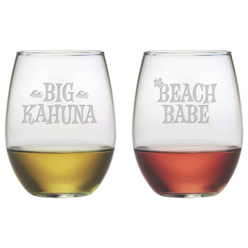 "Big Kahuna" and "Beach Babe" 2-Piece Stemless Wine Glass Set