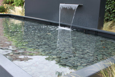 Small transitional backyard rectangular pool in Lille with a water feature and decking.