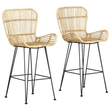 Set of 2 Counter Stool, Metal Legs With Curved Rattan Seat, Natural/With Arms