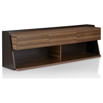 Contemporary TV Stand, Open Shelves With 3 Storage Drawers, Light Walnut
