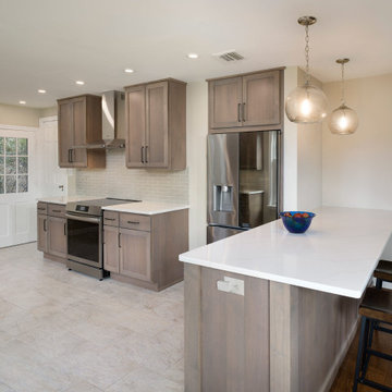 Warm Modern Transitional Kitchen| Natural Wood Cabinets, Quartz Peninsula