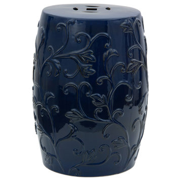 18" Dark Blue Carved Flowers Porcelain Garden Stool