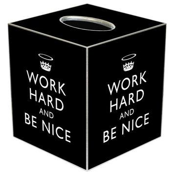 TB2458-Black Work Hard and Be Nice Tissue Box Cover