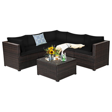 Costway 6PCS Patio Rattan Furniture Set Sectional Cushioned Sofa Deck Black