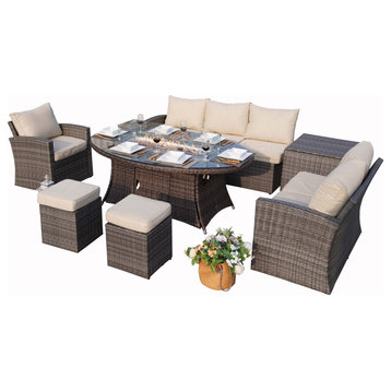 7-piece Patio Wicker Cushioned Sofa with Oval Brown Fire Pits Table