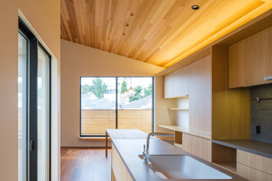 Inspiration for a scandinavian galley vinyl floor, gray floor and wood ceiling open concept kitchen remodel in Tokyo with an undermount sink, flat-panel cabinets, light wood cabinets, tile countertops, gray backsplash, ceramic backsplash, stainless steel appliances, an island and gray countertops