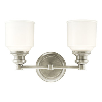 Windham 2-Light Bath and Vanity With Opal Glossy Glass Shade, Satin Nickel