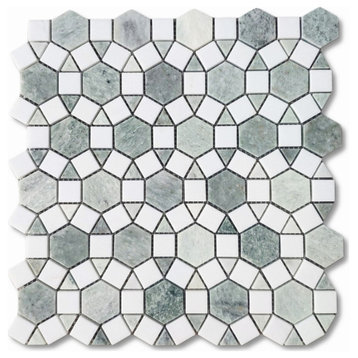 Hexagon Sunflower Ring Mosaic Thassos White Marble Tile Green Polish, 1 sheet