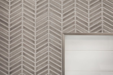 Inspiration for a mid-sized contemporary master multicolored tile and ceramic tile vinyl floor and white floor bathroom remodel in Edmonton with recessed-panel cabinets, white cabinets and quartzite countertops