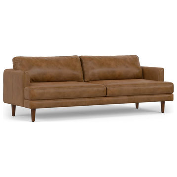 Midcentury Modern Sofa, Oversized Design With Padded Seat, Caramel Brown Leather