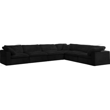 Cozy Velvet Upholstered Comfort 6-Piece L-Shaped Modular Sectional, Black