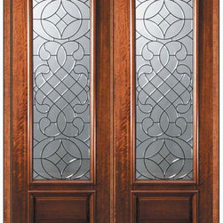 Prehung Double Door 96 Wood Mahogany Savoy 1 Panel 3/4 Lite Glass - Front Doors