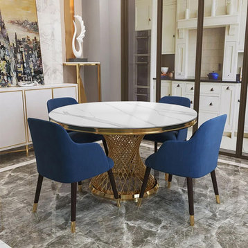51" Round Dining Table Sintered Stone Tabletop & Golden Stainless Steel Pedestal